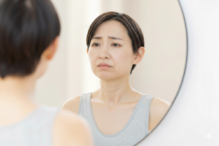 鏡を見てシミを気にしている女性