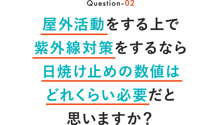 Question-02 屋外活動する上で紫外線対策をするなら日焼け止めの数値はどれくらい必要だと思いますか？